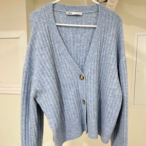 ZARA Knit Blue Oversized Cardigan Sweater